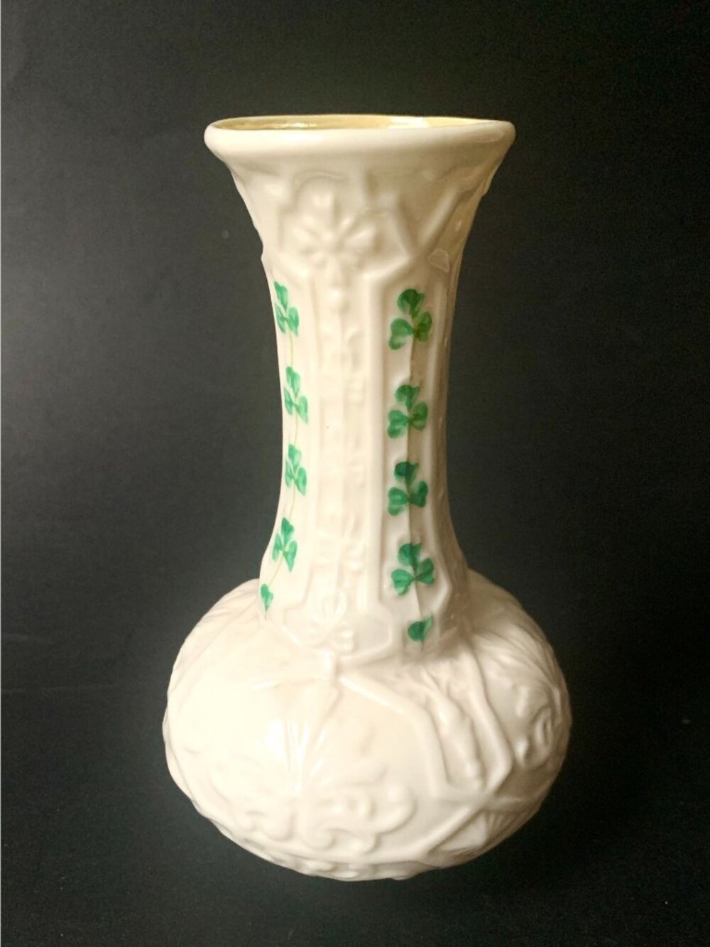 Vintage Belleek Porcelain Spill Vase Shamrocks Green Stamp